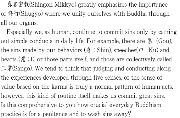 @^(Shingon Mikkyo) greatly emphasizes the importance of Cs(Shugyo) where we unify ourselves with 
	          Buddha through all our organs.
              @Especially we, as human, continue to commit sins only by carring out simple conducts in daily life. For example, 
              there are ƁiGou), the sins made by our behaviors (gFShin), speeches( : Ku) and hearts ( : I), 
              or those parts itself, and those are collectively called O(Sango).
               We tend to think that judging and conducting along the experiences developed through five senses, 
              or the sense of value based on the karma is truly a normal pattern of human acts, however, 
              this kind of routine itself makes us commit great sins.
                Is this comprehensive to you how crucial everyday Buddhism practice is for a penitence and to wash sins away?